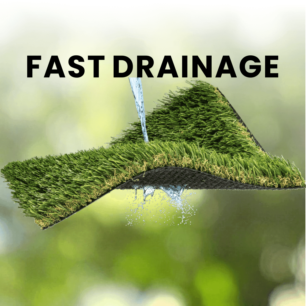 Artificial grass with water pouring through it, demonstrating fast drainage capabilities against a blurred green background.